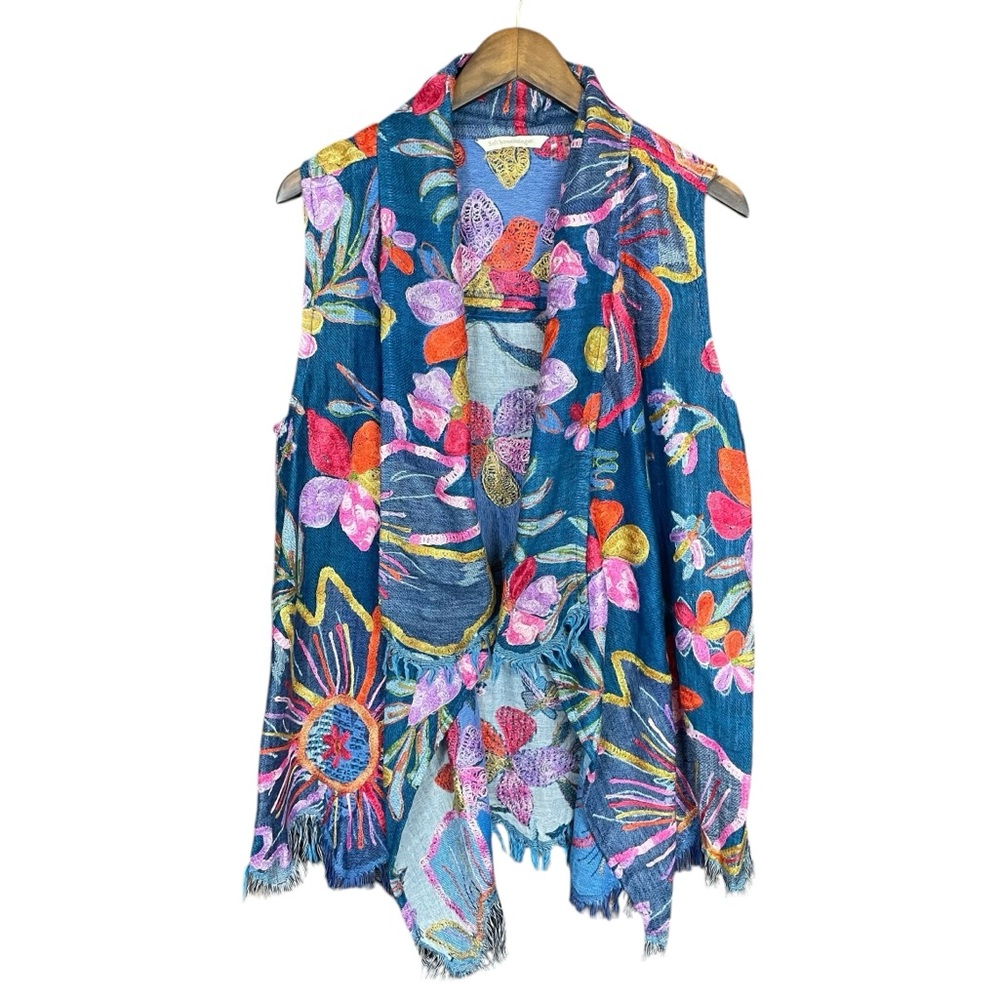 Soft Surroundings | Embroidered Floral Waterfall Vest Cardigan Wool Flowers